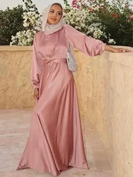 Summer Satin Abaya Hijab Muslim Wrap Dress Eid Mubarak African Dresses for Women Dubai Abayas Turkey Islamic Modest Kaftan Robe