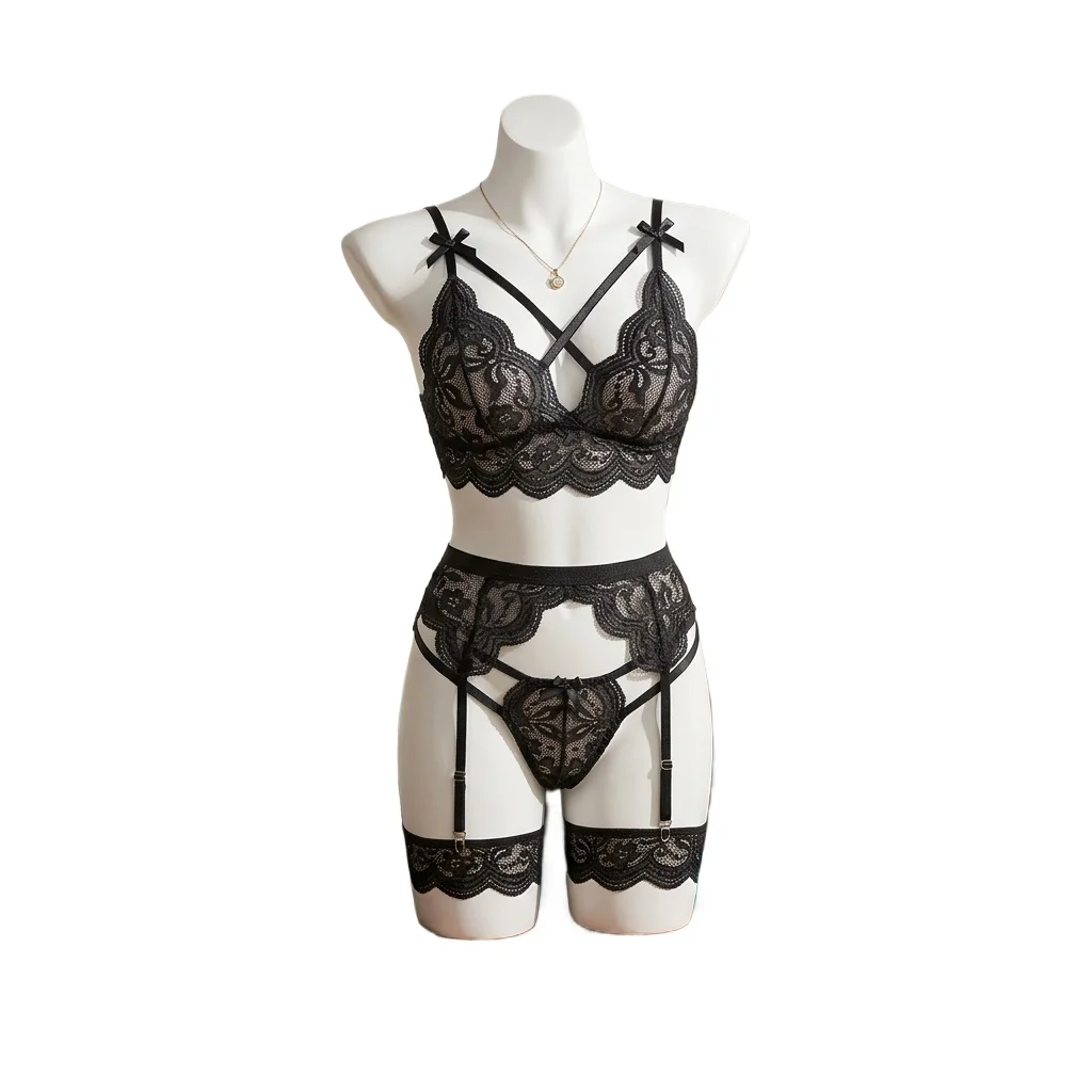 Women's Floral Lace Lingerie Set Strappy  and Panty with Garter Belt and Leg Rings 4 Piece Exotic Nightwear for Romantic Nights
