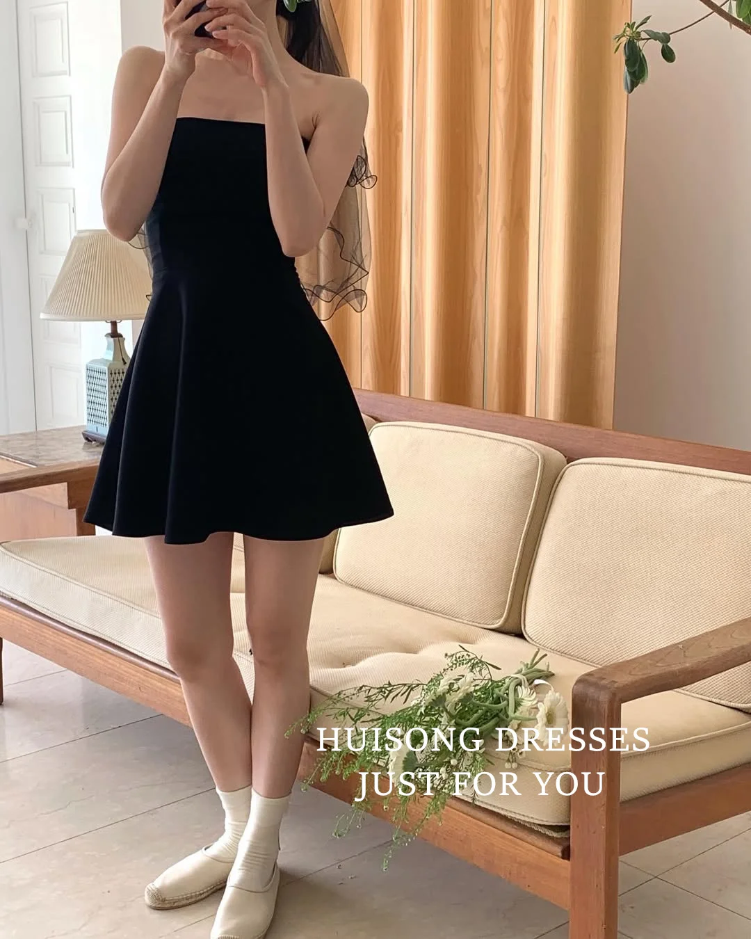 HUISONG dostosowana czarna satynowa krótka koreańska suknia ślubna bez rękawów linia A Mini suknie ślubne suknia ślubna do sesji zdjęciowej