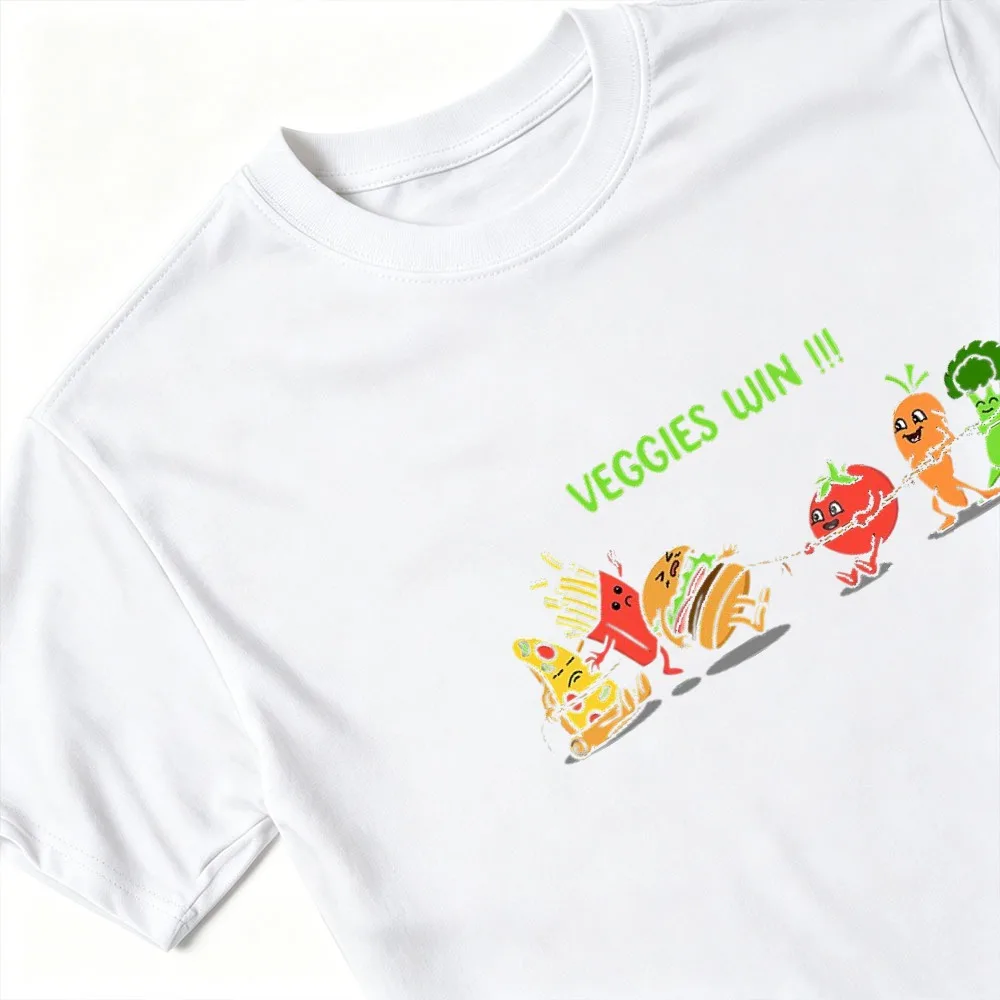 Cartoon Vegetables Tug of War Veggies Win Women Tshirt Tomato Carrot Broccoli Hamburger Chips Red Pepper Daily Casual Tee