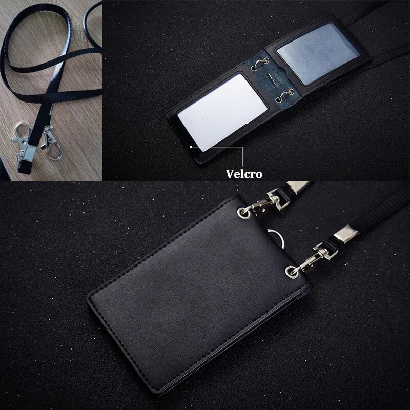 High Quality Reporter Work Card Neck Lanyard Badge ID Credit Card Holder Genuine Leather Business Air Hostess Name Tag Id Cases