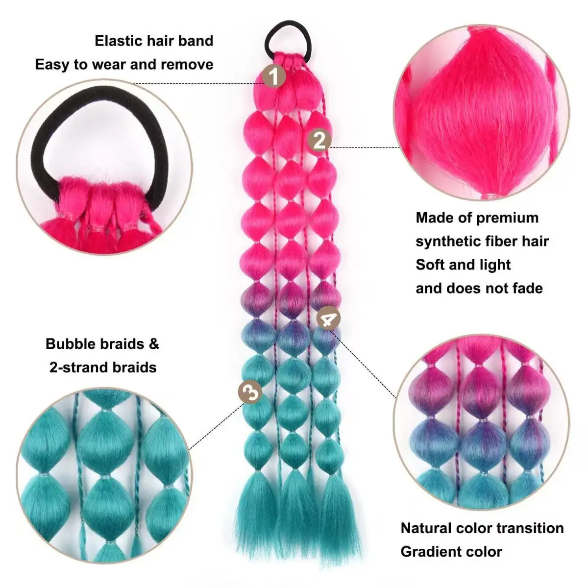 Bubble Braid Pferdeschwanz-Haargummi mit Farbverlauf, elastische Verlängerung, synthetisch, lang, geflochten, zum Wickeln, für Festival, Cosplay, Party, Damen und Mädchen – Detail 5