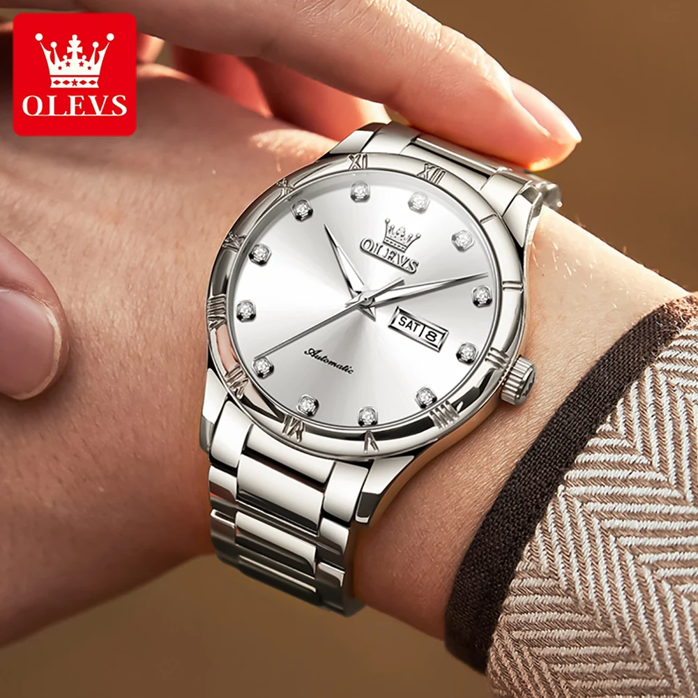 Reloj OLEVS 7030 para hombre, correa de acero inoxidable, escala de diamante, calendario doble clásico, relojes de pulsera mecánicos de lujo para hombres de negocios