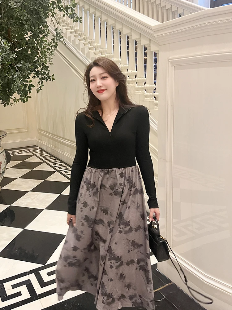 

plus Size Knitted Floral Print Long Dr Slimming Autumn Winter Collar High Waist Zipper Closure Casual Mid-Length Dr
