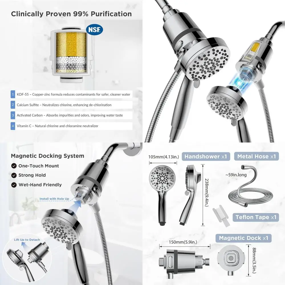 6-Setting Handheld Shower with Magnetic Dock, High-Purity Filter, Suitable for Hard Water, Easy Install