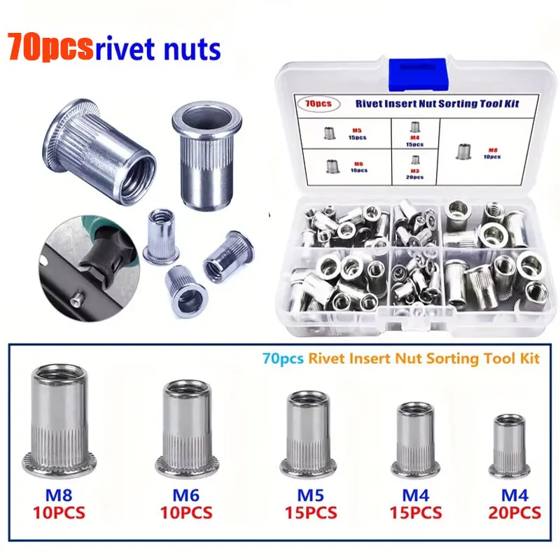 70PCS/205PCS AluminumNut Tool Kit Metric Combination Set Aluminum Knurled Flat Head Thread Insert Nut Set for DIY Projects