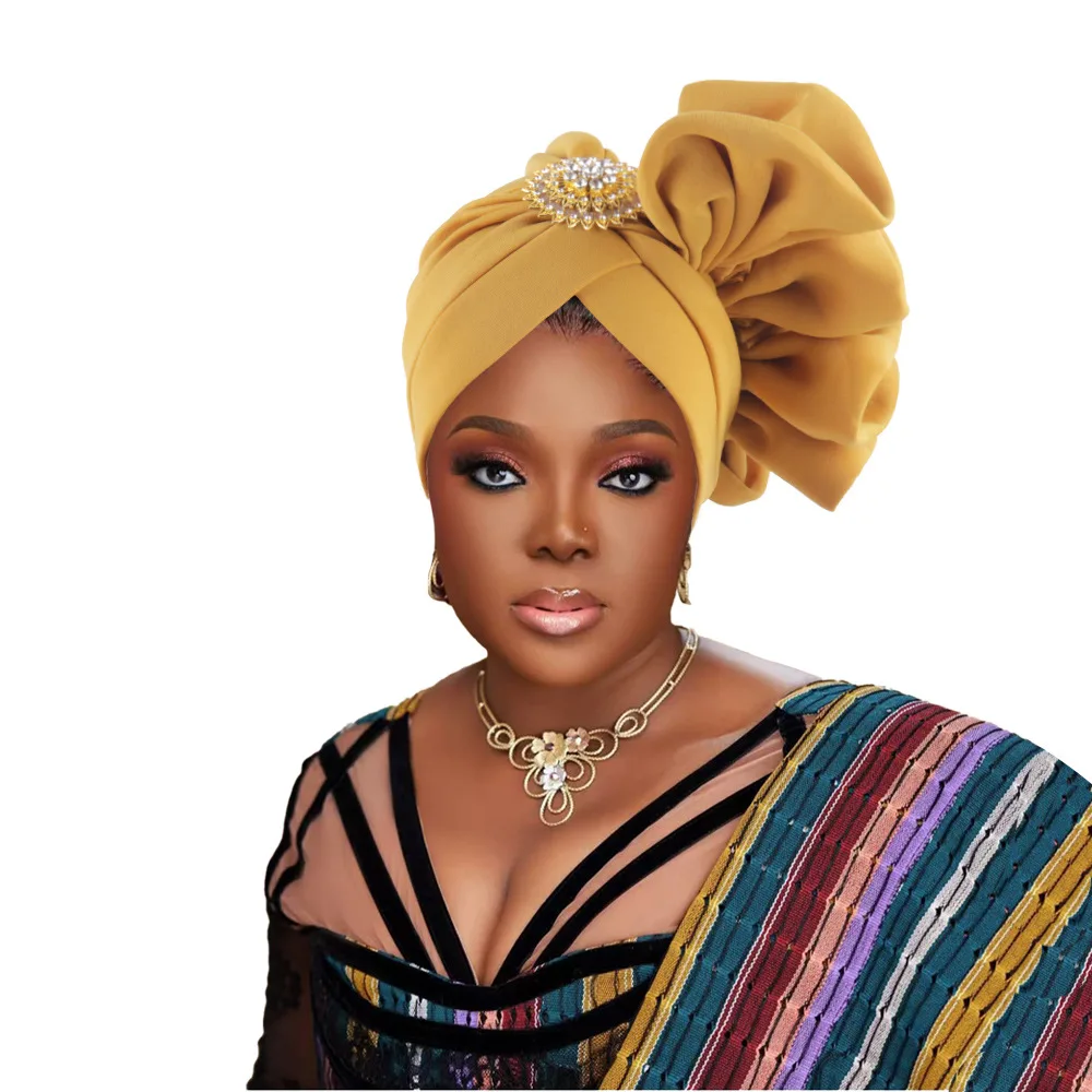 New Nigerian African Wedding Elegant Hand-sewn Flowers and Brooch Baotou Hat Turban Hat