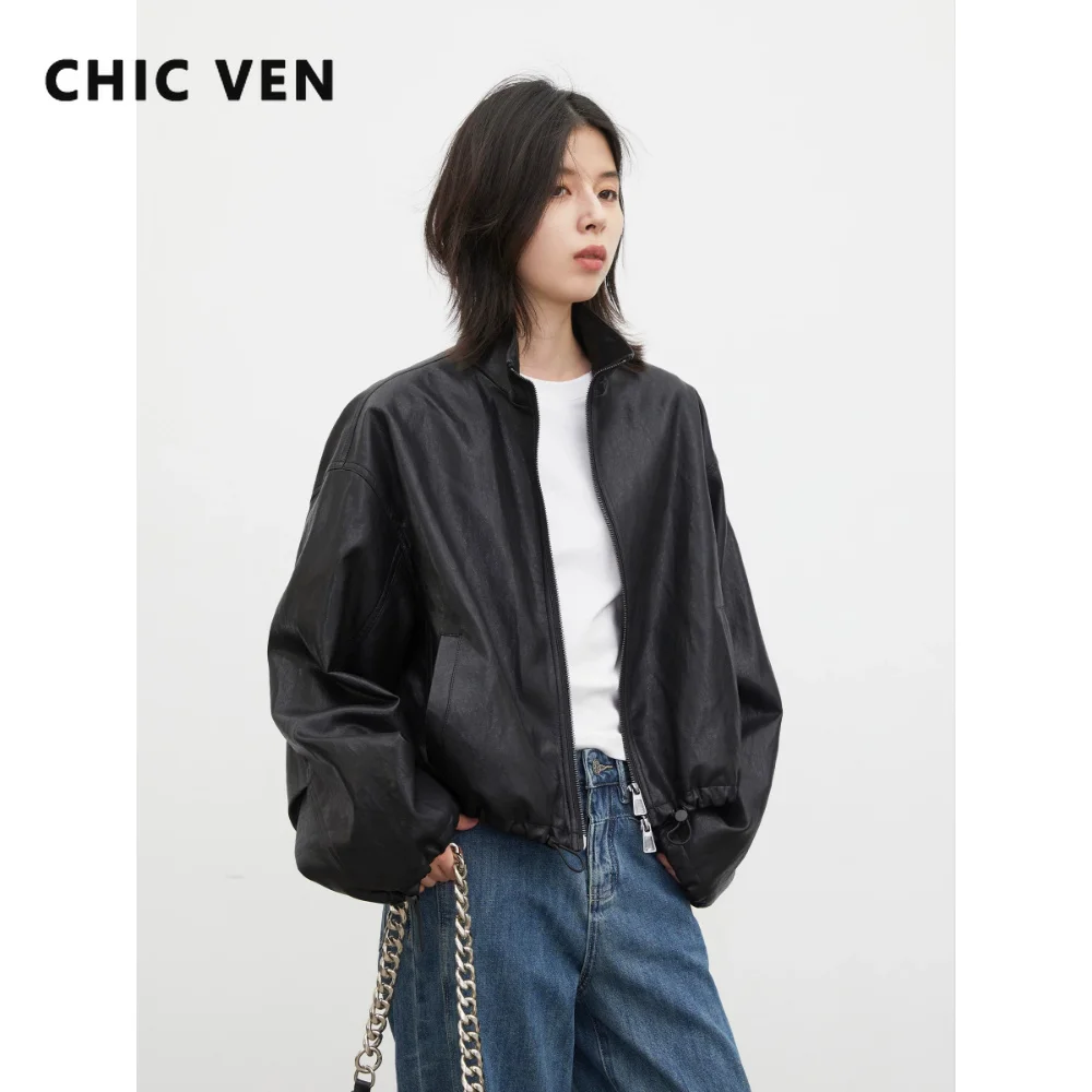 CHIC VEN New Korean Women's Faux Leather Coat Retro Drawstring Short Stand Up Collar Female PU Jacket Spring Autumn 2026