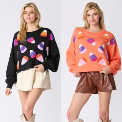 2024 Autumn And Winter New Halloween Candy Sequin Long Sleeve Sweatshirts Casual O-Neck Pullover Women Tops