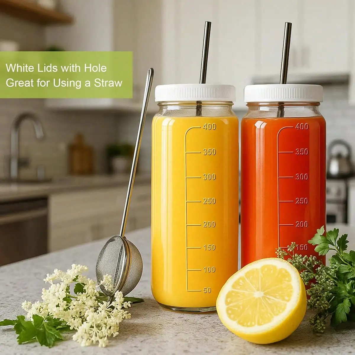 8 Pack Glass Juice Bottles Modern Reusable Glass Storage Jars 16 OZ Beverage Containers With Lids Straws Measurement Scale Airtight Drinking Bottles For Smoothies Juicing Milkshake Christmas Housewarming Gift view 4