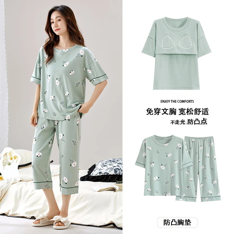

Big Size M-2XL Women Sleepwear Women Knited Cotton Short Top+Calf-Length Pants Pajamas Set