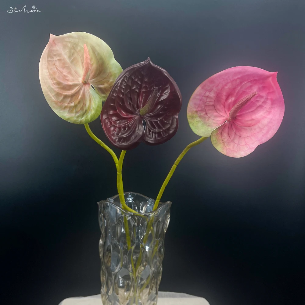 SunMade 1Pc Large Hand Feel Latex Anthurium Home Wedding Decor Artificial Flowers for Flower Arrangement Flores Artificales