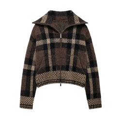 Taop&Za plaid knitted lapel long sleeved pilot jacket 2024 early autumn new women's temperament versatile sweater