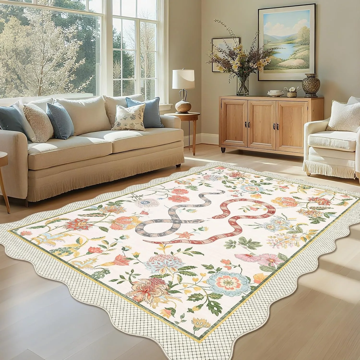 

Living Room Carpet Machine Washable Non-slip Easy-folding Mat Floral and Snake Pattern Irregular Rug Large Size Home Decor Mats