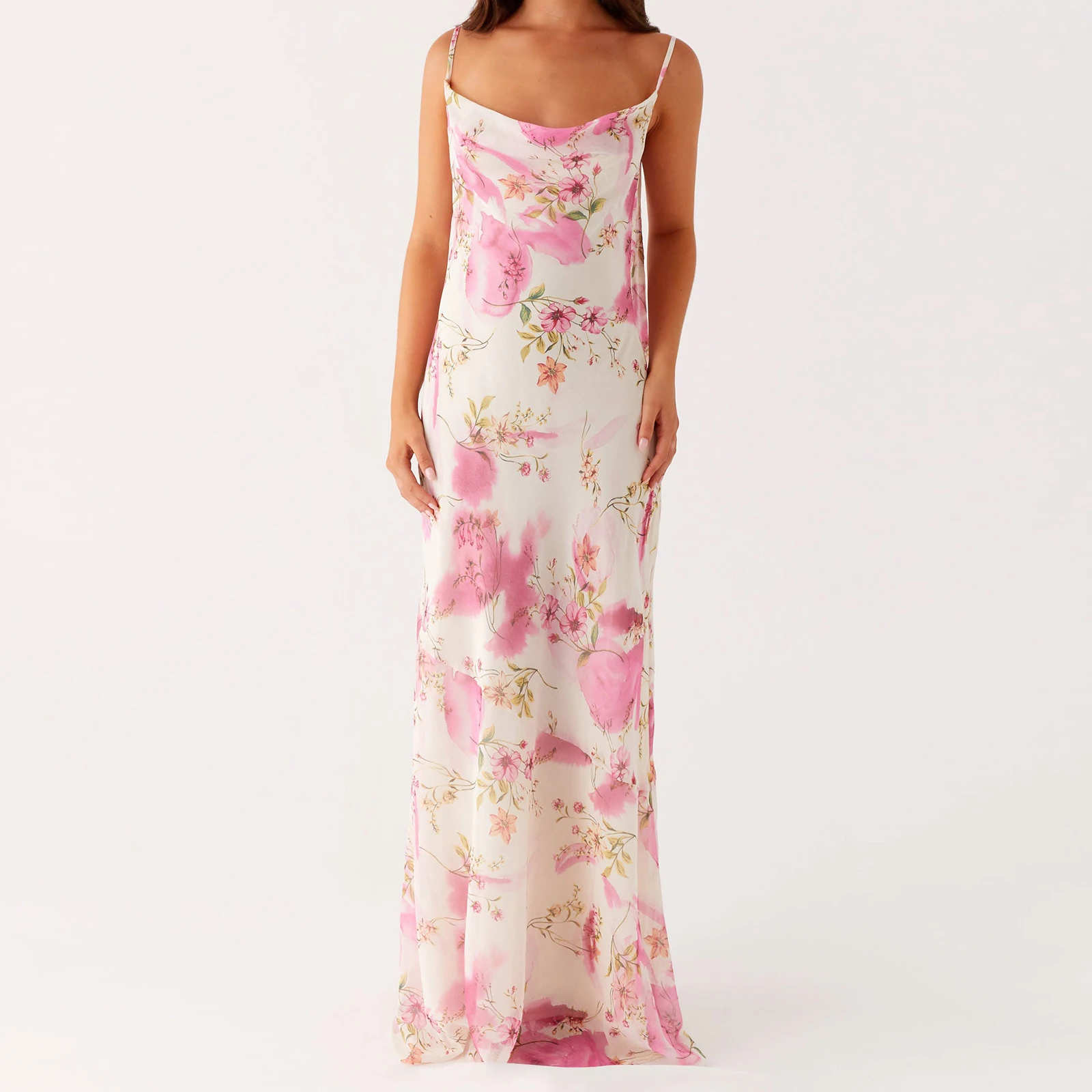 Boho ผู้หญิงฤดูร้อนชุด Cami ยาวแขนกุดเปิดกลับดอกไม้พิมพ์สปาเก็ตตี้ชุดเซ็กซี่ชุดเปลือย Clubwear