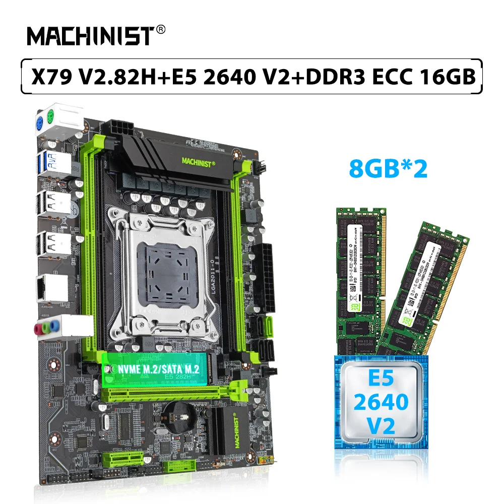 MACHINIST X79 V2.82H Motherboard Set LGA 2011 Kit Xeon E5 2640 V2 Processor CPU 2pcs*8GB=16GB DDR3 ECC Memory RAM NVME/SATA M.2