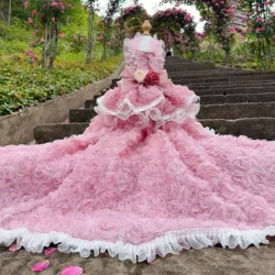 High-end Luxury Puppy Photography Skirt Pet Dog Clothes Handmade Roseflower Lace Long Tail Princess Dress For Small Medium Dog