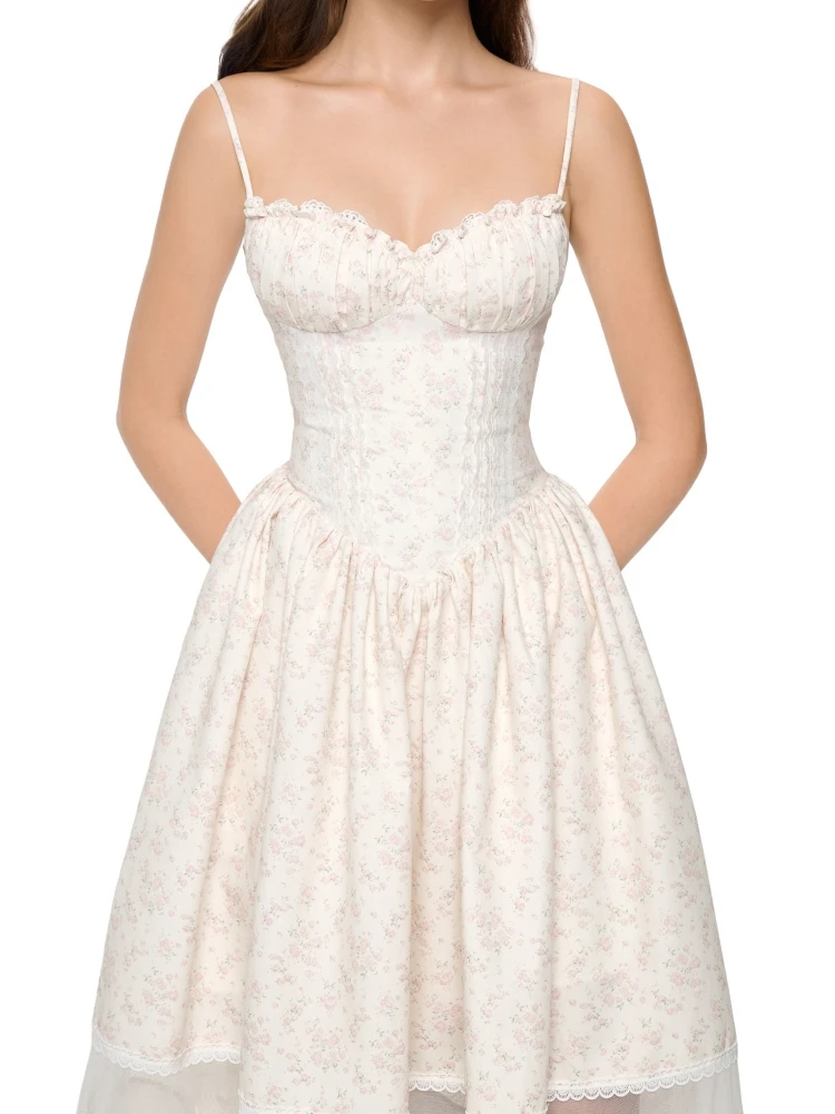 Abito lungo patchwork in pizzo floreale con spalline sexy Abito lungo da donna senza maniche con scollo a V con volant Abiti a trapezio stampati Abiti da festa