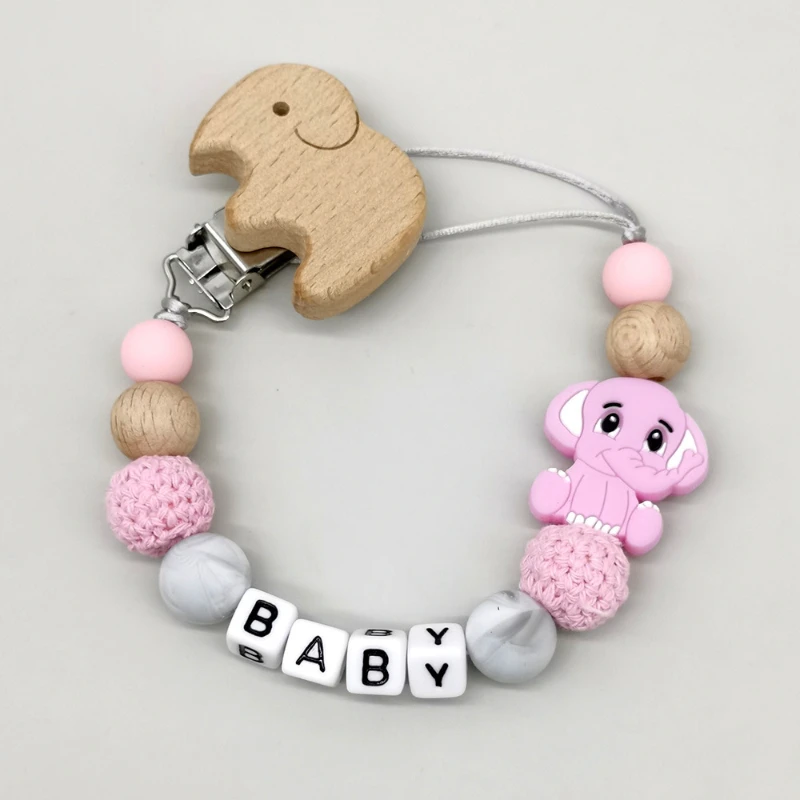 Personalized English Name Baby Silicone Elephant  Beads Pacifier Clip Nipple Dummy Holder Chain Toddler Toys Baby Shower Gift