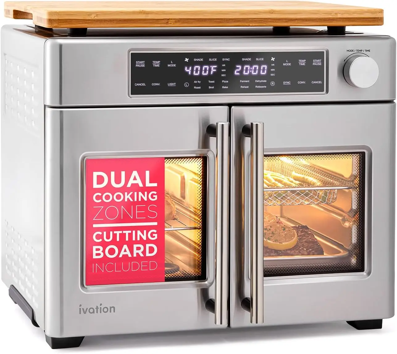 French Door Air Fryer Oven with Dual Zone, 32-Quart Convection Toaster Combo, 10-in-1 Multifunction (Dehydrate, Bake, Roast), 18