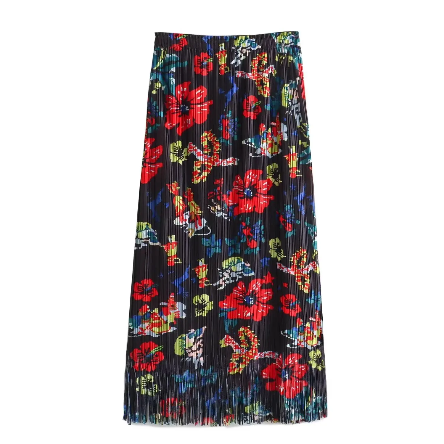 

Spring New Faion Women's Single Layer Pleated Print Tassel Elastic f Skirt High Waist ort Skirt Polyester Fiber