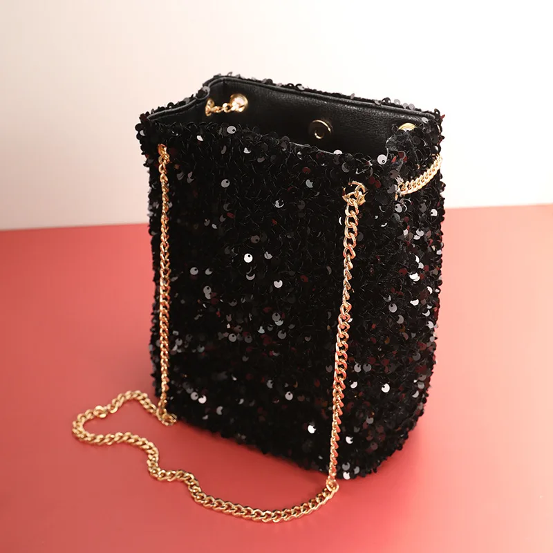 Sparkly Sequins Bucket Tote Bags for Women 2024 Large Capacity PU Leather Evening Party Handbags Chain Shoulder Messenger Bags