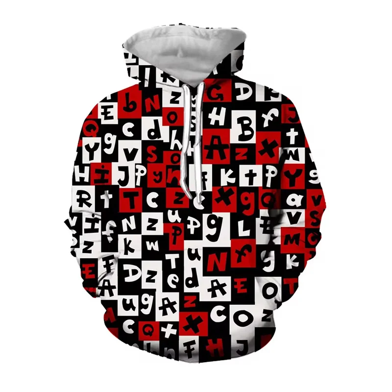 

3D Printed Funny Alphabet Hoodies For Men Colorful Grid Pattern Pullovers Casual Hooded Sweatshirts Long Sleeves Loose Tops