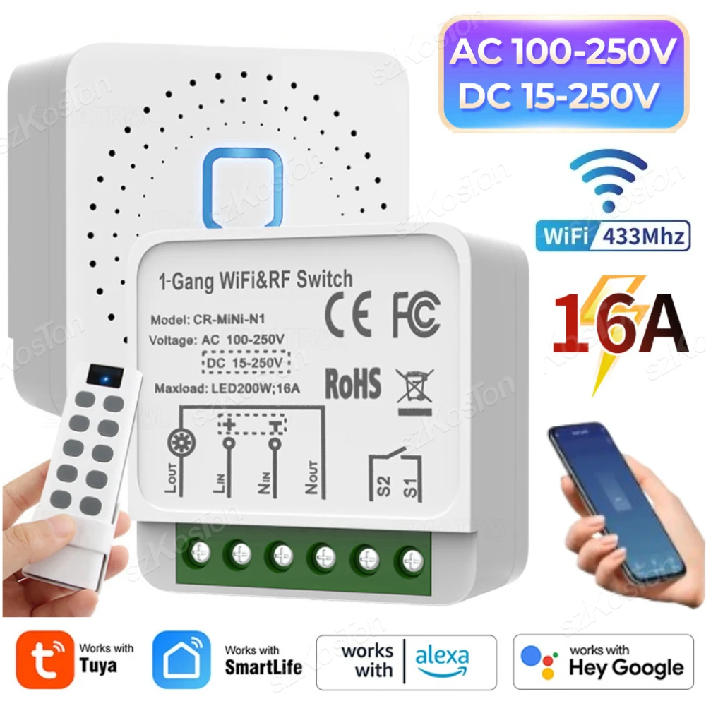 Tuya RF433Mhz 16A Wireless WiFi Mini Smart Switch  2 Way Module On Off Breaker Relay Module Voice Control for Alexa Google