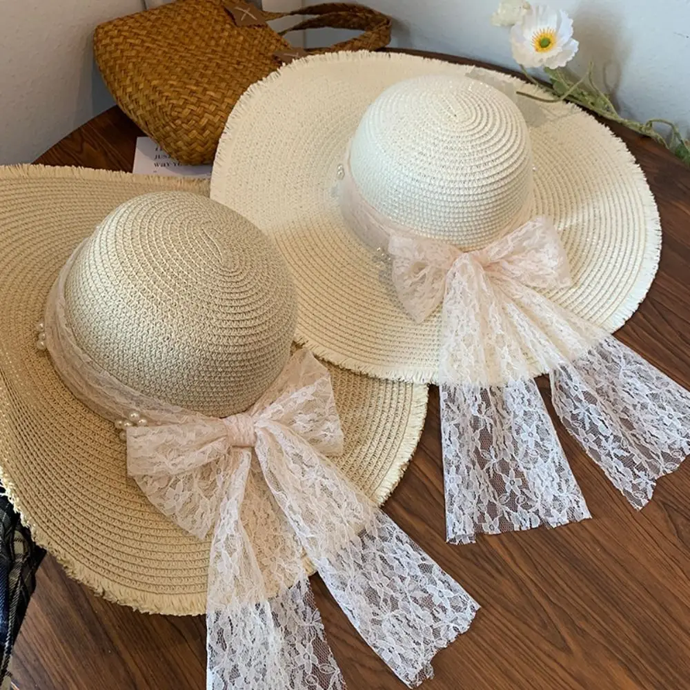 

Fashion Spring Summer Bow Ribbon Straw Hat French Style Foldable Lace Pearls Straw Hat Big Brim Beach Women's Sun Hat Girls