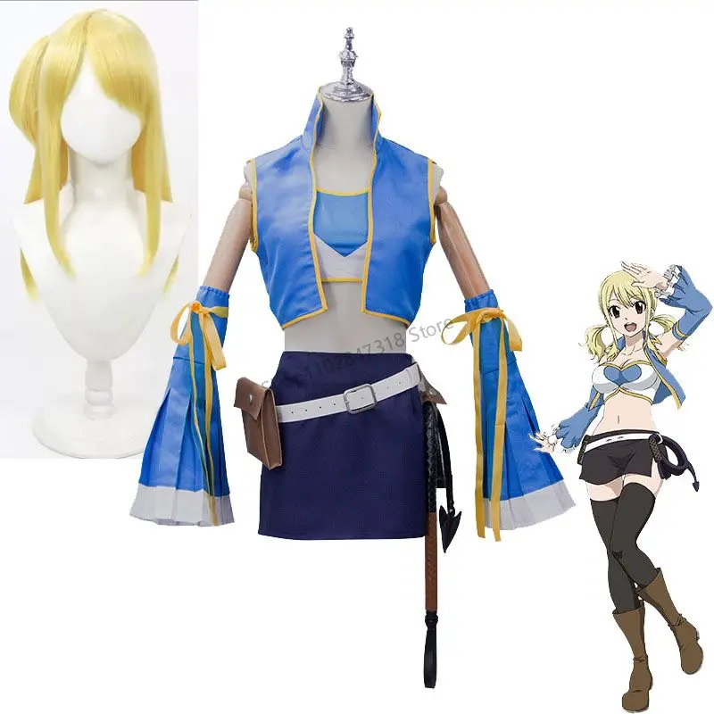 

Fairy Tail Lucy Heartfilia Cosplay Costume Magician Lucy's Combat Uniform Skirt Cosplayer Wigs Halloween Party Dressing Up