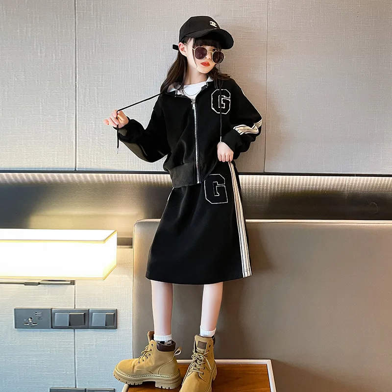 

2022 autumn winter cotton teenger girls clothes set Hooded jacket+skirt 2pcs Girls letter skirt suit Girls sports clothing suit