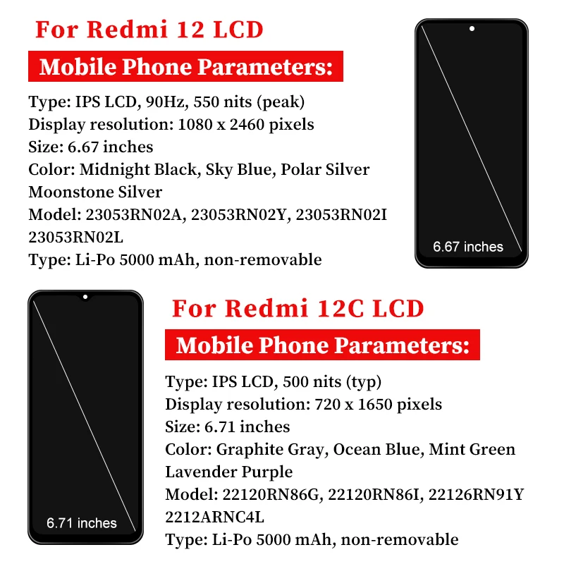 For Xiaomi Redmi 12C Display LCD Mi Poco C55 Touch Screen Digitizer For Redmi 12 LCD Display 22120RN86I Replacement Parts