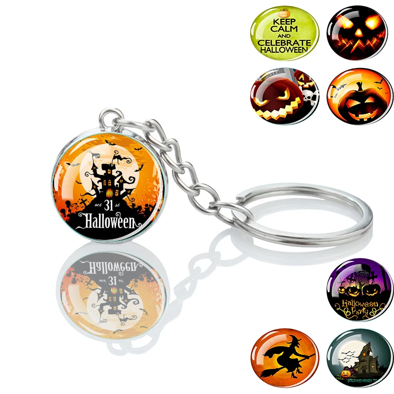 Halloween Round Glass  Keychains Bag Decoration Jack-o-Lantern Witch Black Cat Bat Picture Halloween Party Ornaments Party Gifts