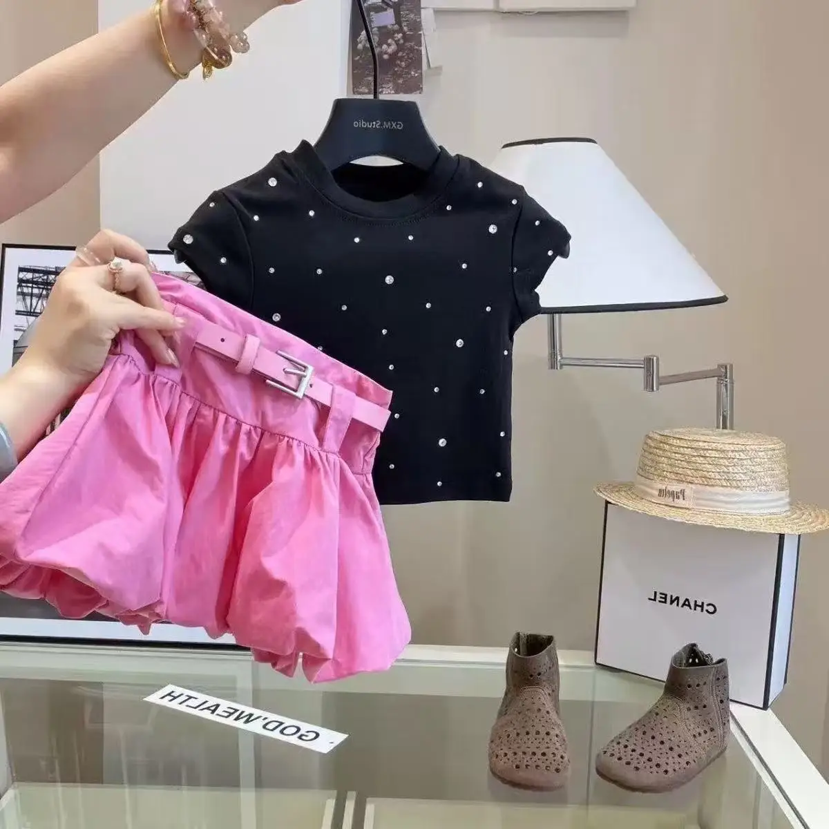 Girls'Summer Set 2026 New Collection: CUHK Korean Ballet Style Flower Bud Short Skirt Pants, Hot Diamond Versatile T-shirt Set