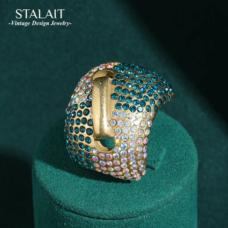 

Vintage Rings Woman Large Gold Color Rhinestone Natural Green Luxury Quality Jewelry Designer Party Accessories Trends 2025 New
