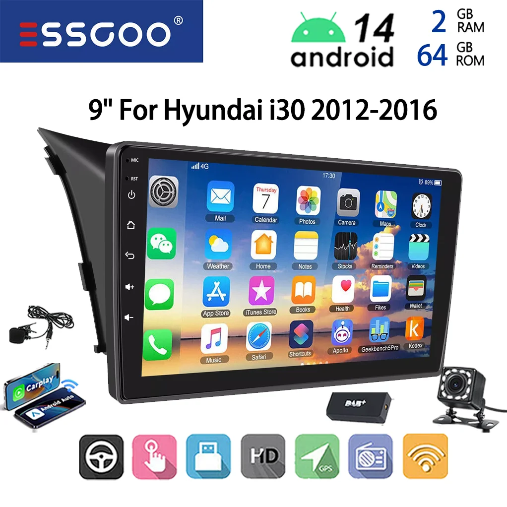 ESSGOO 9" Touchscreen 2DIN Display Android 14 Voor Hyundai i30 2012-2016 Draadloze CarPlay Android Auto Autoradio GPS Navigatie FM BT RDS Mirror Link Multimedia Speler