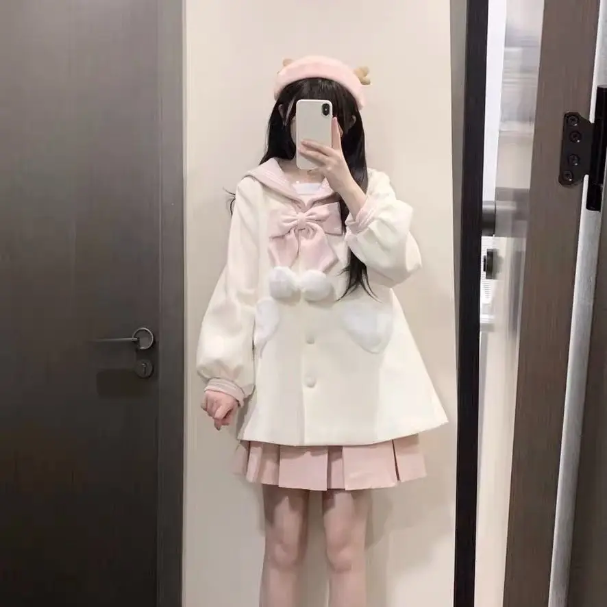 Mid-Length Coat for Women Student Style with Bowknot Autumn and Winter Overcoat