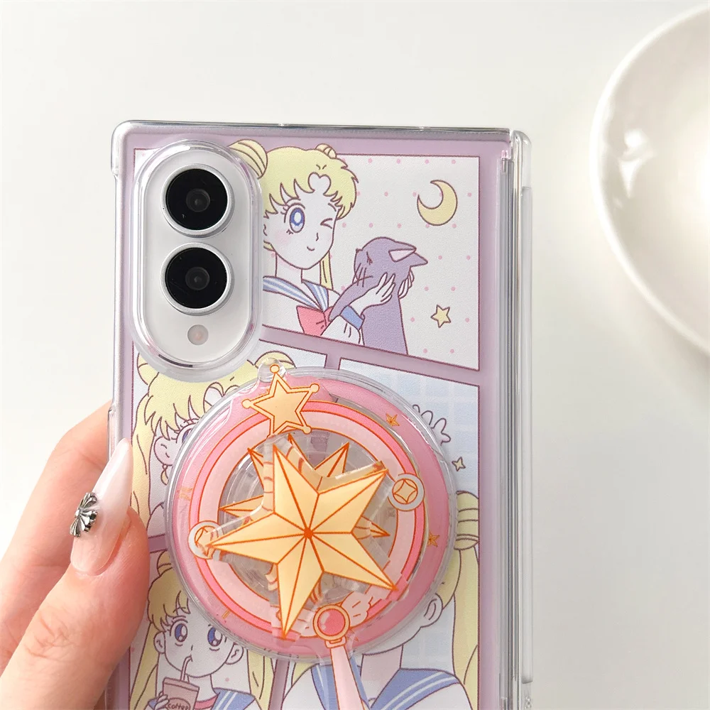Urocze żółte etui magnetyczne na telefon z motywem księżycowej dziewczyny z włosami dla Samsung Galaxy Z Fold 8, kompatybilne z Magsafe, z uroczym stojakiem i łańcuszkiem do Z Fold 8. — zdjęcie produktu 4