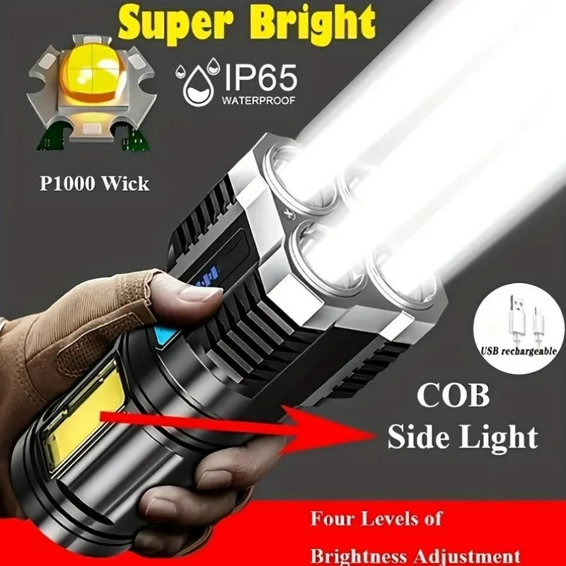 Portable Powerful 4 LED Flashlight With COB Side Light 4 Modes USB Rechargeable Torch Camping Tool Searchlight for Outdoor