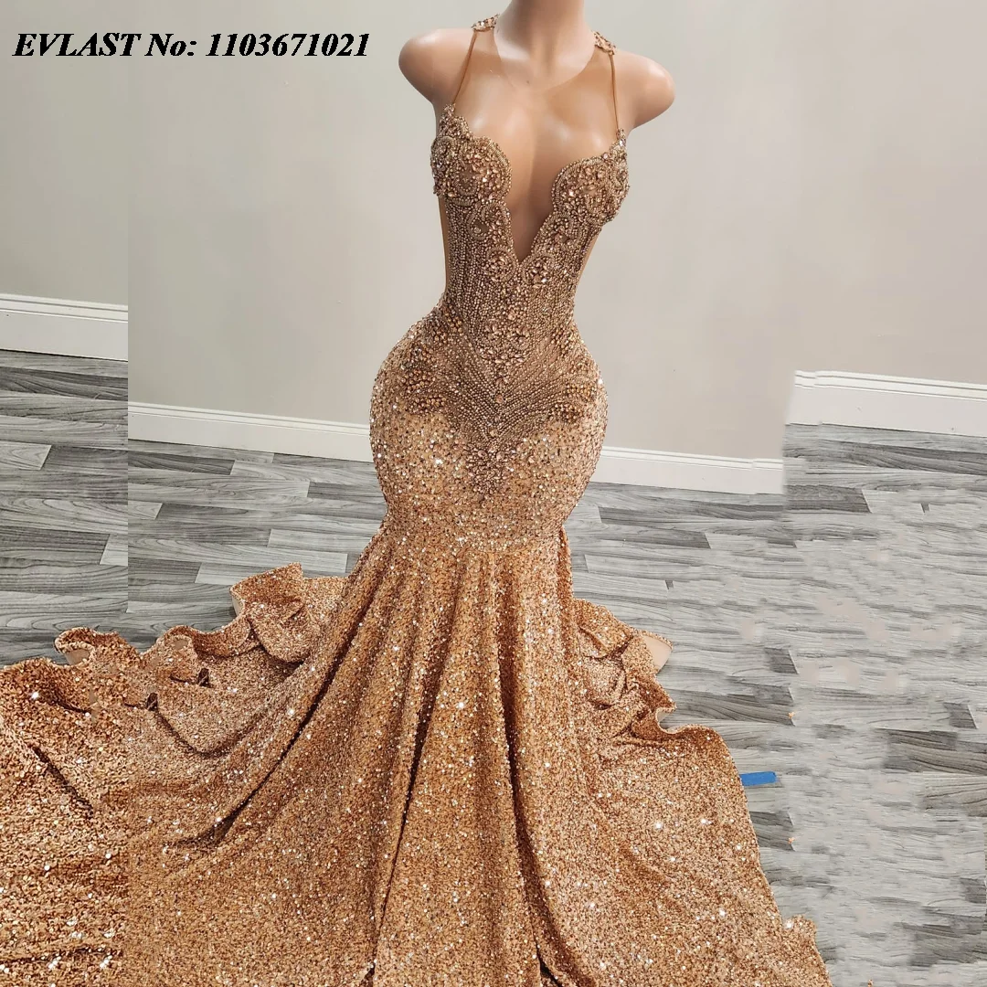 

EVLAST Glitter Gold Diamonds Sequins Mermaid Prom Dress for Black Girls Rhinestones Beaded Party Gala Gown Robes De Soiree P32