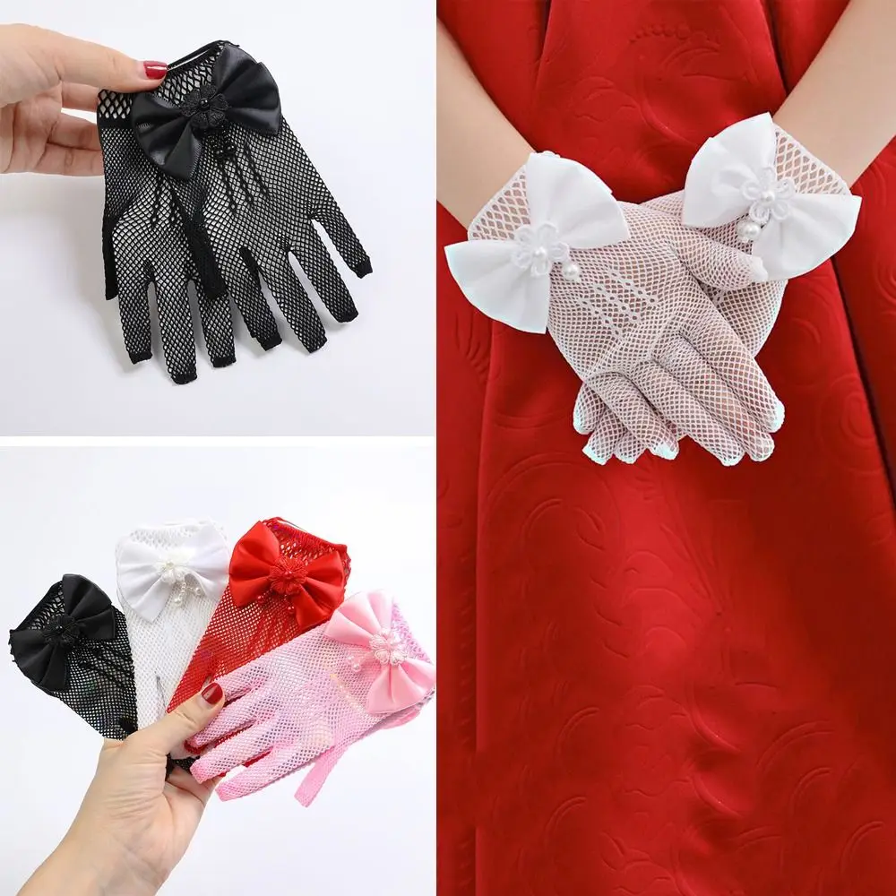 Short Children's Wedding Gloves Bow Knot Thin Lace Mesh Gloves Etiquette Dress Gloves Holiday Princess Birthday Party Gloves