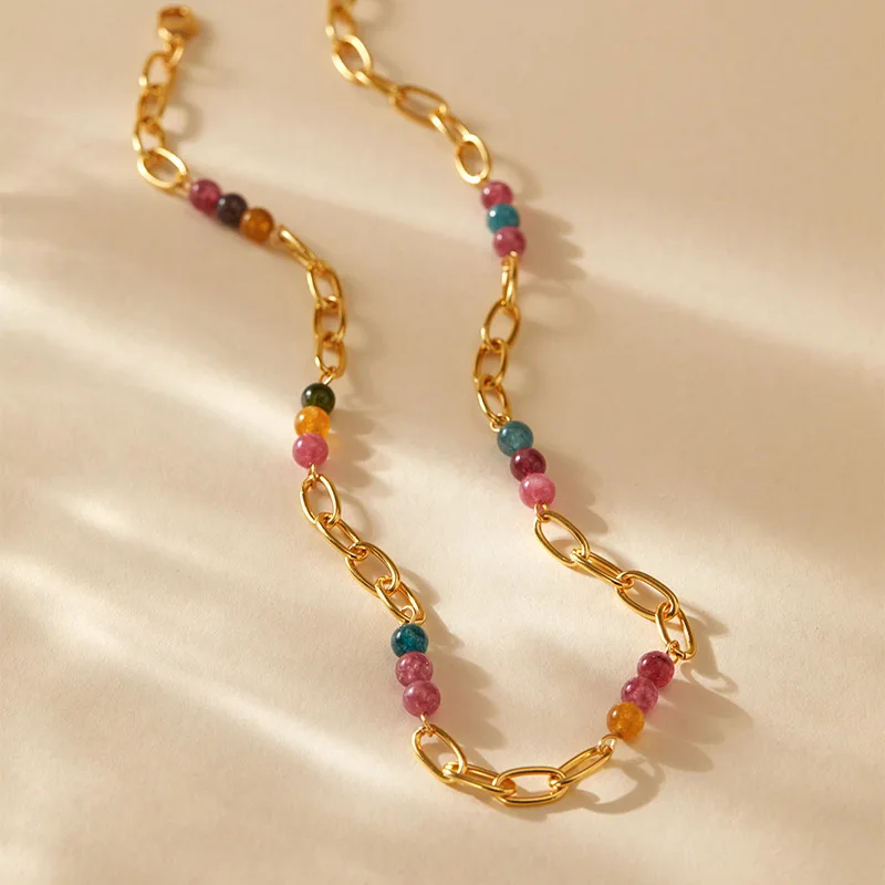 Kalung Lapis Emas 18K Sederhana, Dapat Ditumpuk untuk Wanita, Kalung Rantai Klavikula Berhias Manik-Manik, Perhiasan Fashion