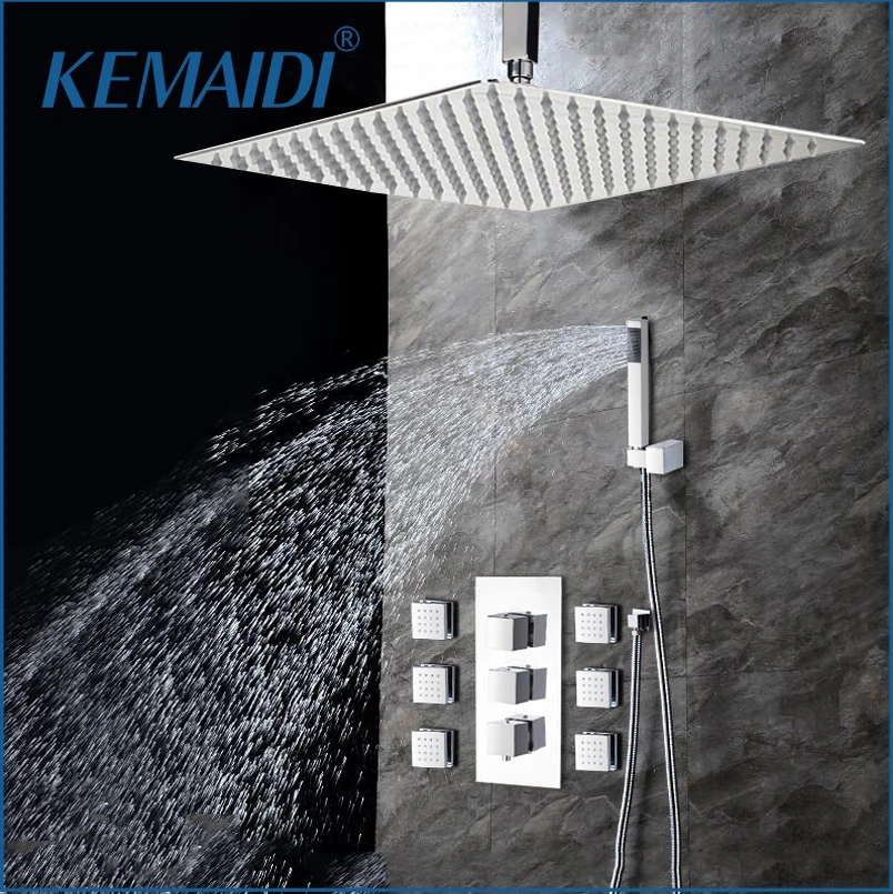 KEMAIDI Luxury Bathroom LED Shower Systerm Rainfall Shower Head multifunctional Shower Faucet Set w/Body Massage Jet Mixer