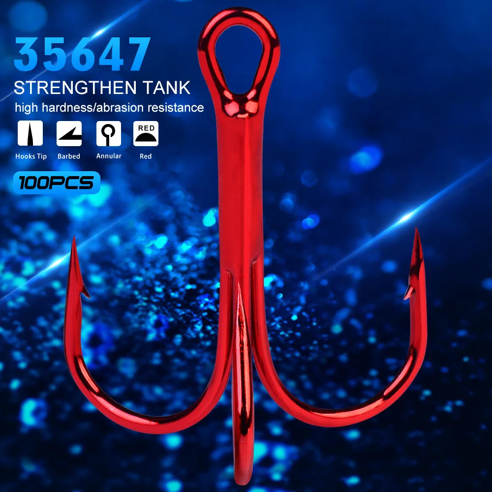 High Carbon Steel Barbed Treble Hook, Fishing Tackle, Red, 2 #, 4 #, 6 #, 8 #, 10 #, 100Pcs Lot