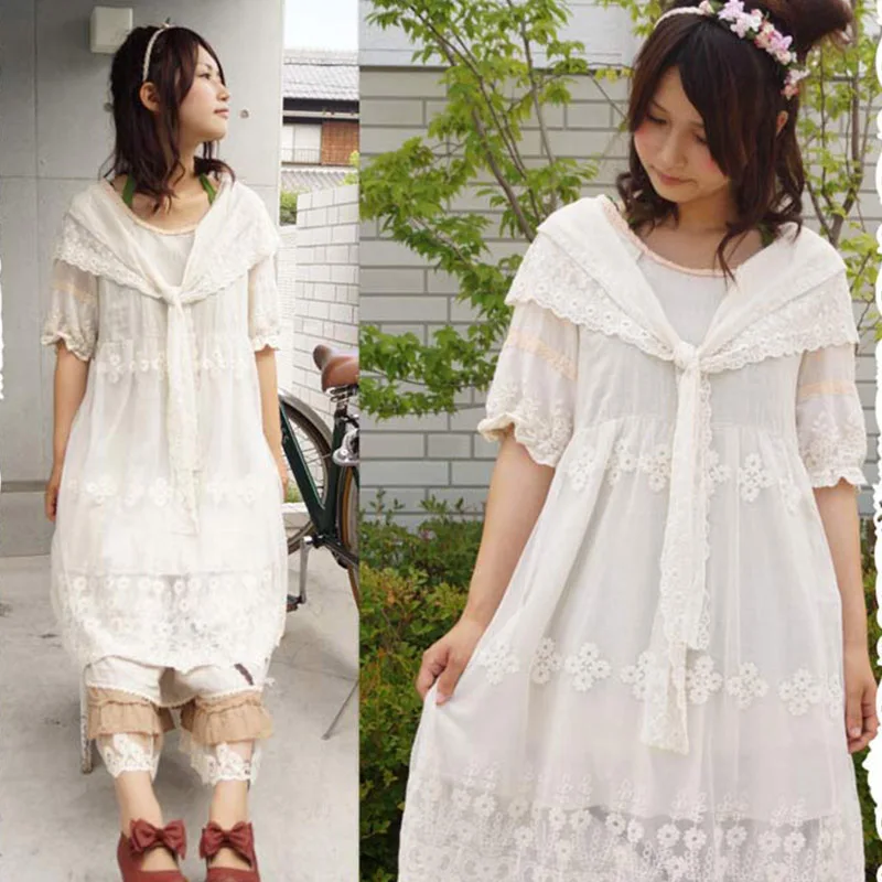 Japanese Women Scarf Collar Floral Embroidery Dress Lolita Bow Short Sleeved Mulity Lace Layer Female Mori Girl Sweet Dress A199
