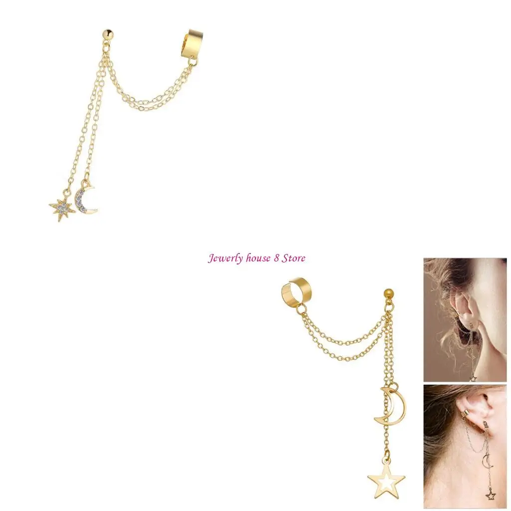 

Fashionable Double Clip On Earrings Moon Star Pendant Alloy Jewelry For Women Girls Geometric Ear Accessories