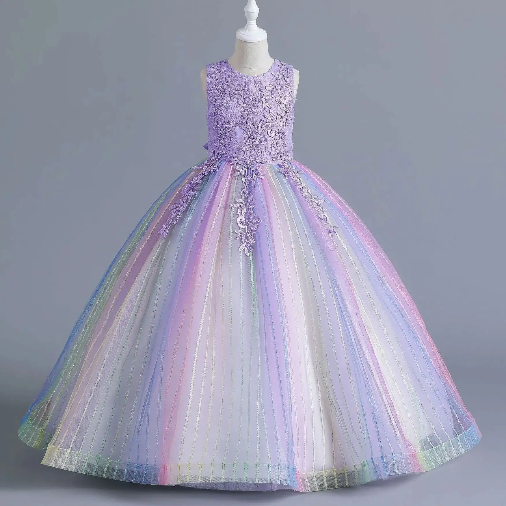 

Formal Party Dress For Kids Girls Rainbow Tulle Flower Embroidery Princess Dress For Wedding Birthday Pageant Prom Puffy Gown