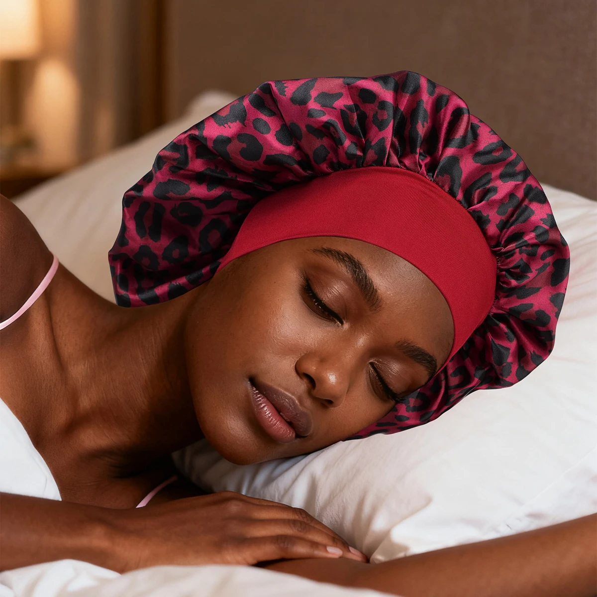 Satin Sleeping Cap for Women, Wide Elastic Band Bonnet with Beautiful Leopard Print, Soft & Breathable, Ideal for Curly Hair