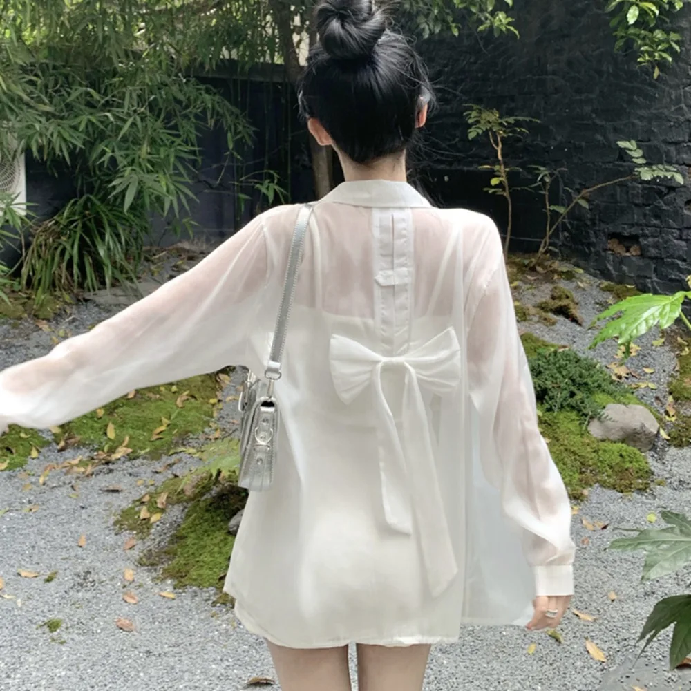 

Korean Style Transparent Sun Protection Clothing V-neck Beach Wear Bowknot Sheer Shirt Long Sleeves Sweet Blouse for Women Women