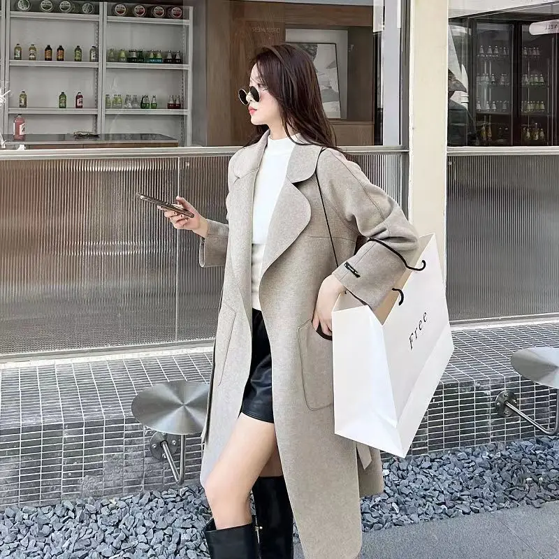 2024 New Long Double Faced Woolen Autumn Winter Mom Looks Slim Covers Meat with Lace up Double Faced Cashmere Woolen Coat Women